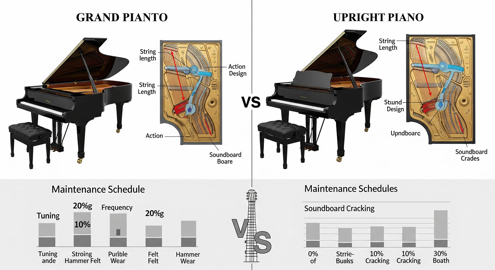 تصویر جهت مقایسه نگهداری و دوام بین پیانوی گرند و پیانوی ایستاده