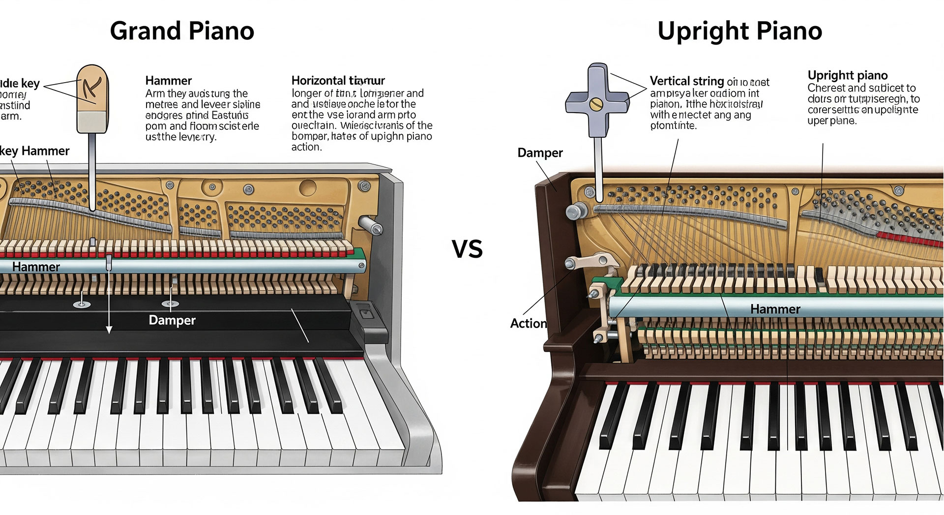 تصویر مقایسه مکانیزم عملکرد کلید و چکش بین پیانوی گرند و پیانوی ایستاده