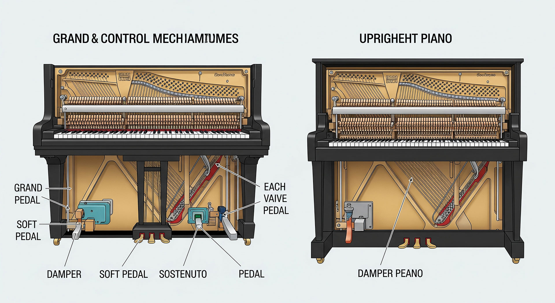 تصویر جهت مقایسه پدال‌ها و کنترل بین پیانوی گرند و پیانوی ایستاده