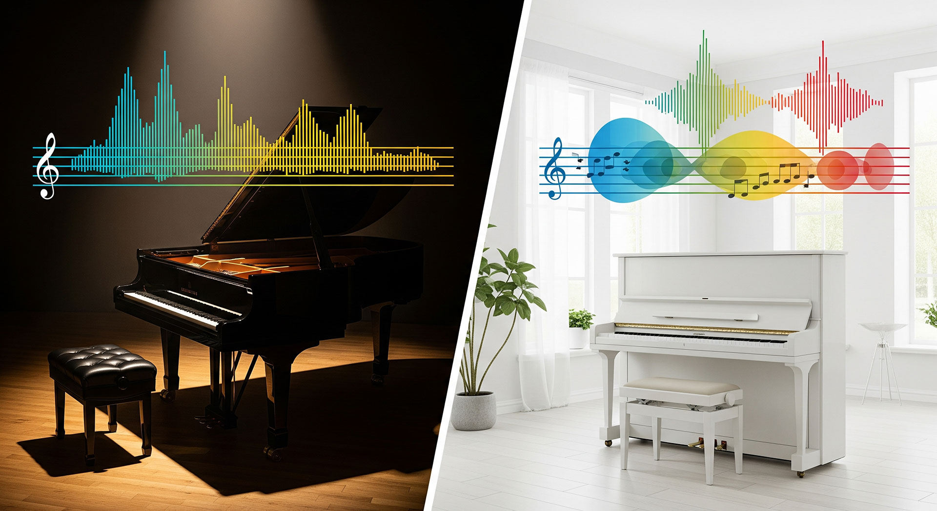 تصویر جهت مقایسه کیفیت صدا و طنین بین پیانوی گرند و پیانوی ایستاده
